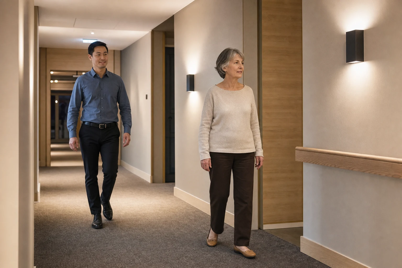 Veilleur de nuit en chemise accompagnant discrètement une résidente à distance dans un couloir moderne