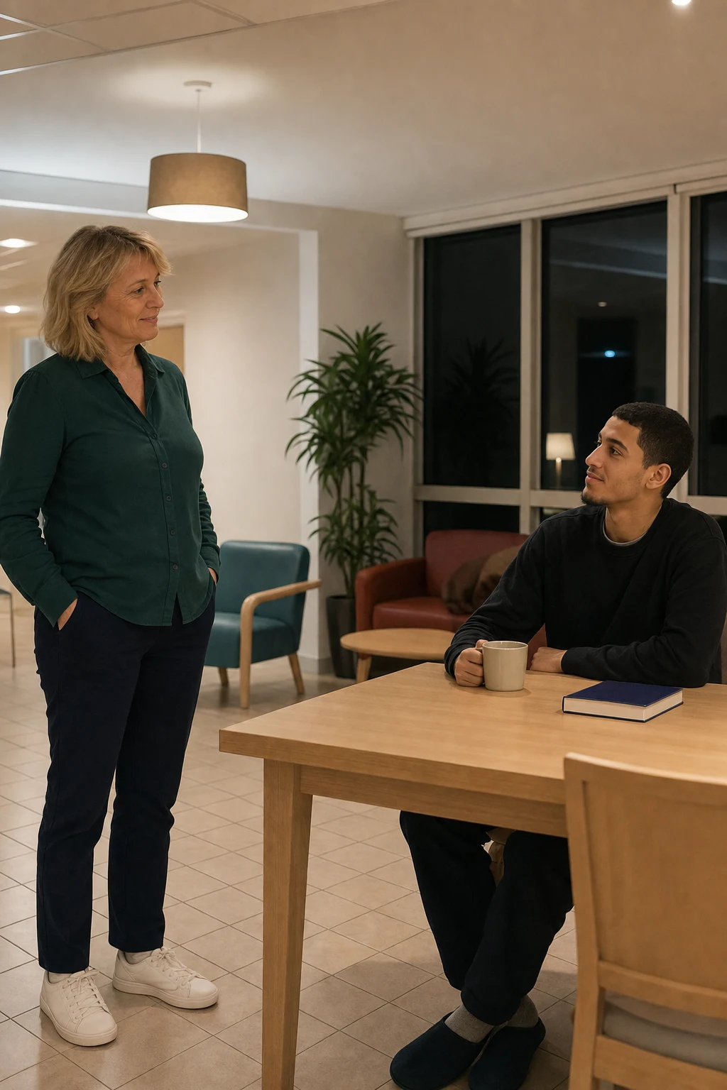 Veilleuse de nuit en chemise échangeant sobrement avec un résident à distance professionnelle dans un espace commun